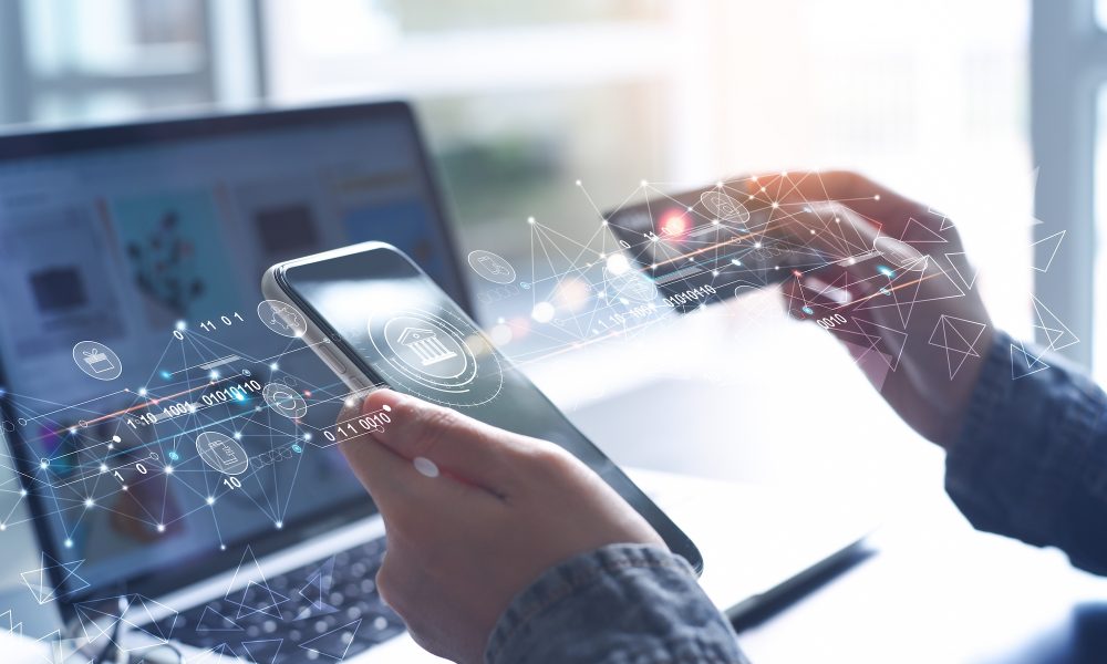 Digital banking, internet payment, online shopping, financial technology concept. Woman using mobile phone and credit card paying via mobile banking app for online shopping with technology icons